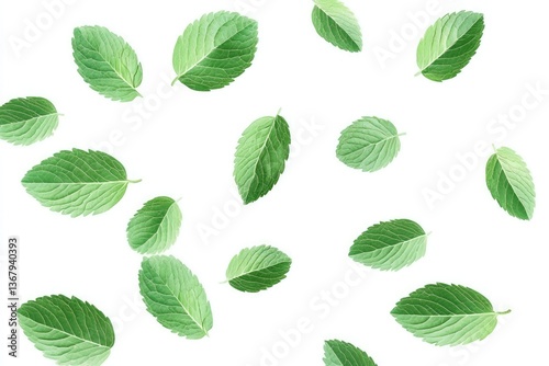 falling mint leaves isolated on white background