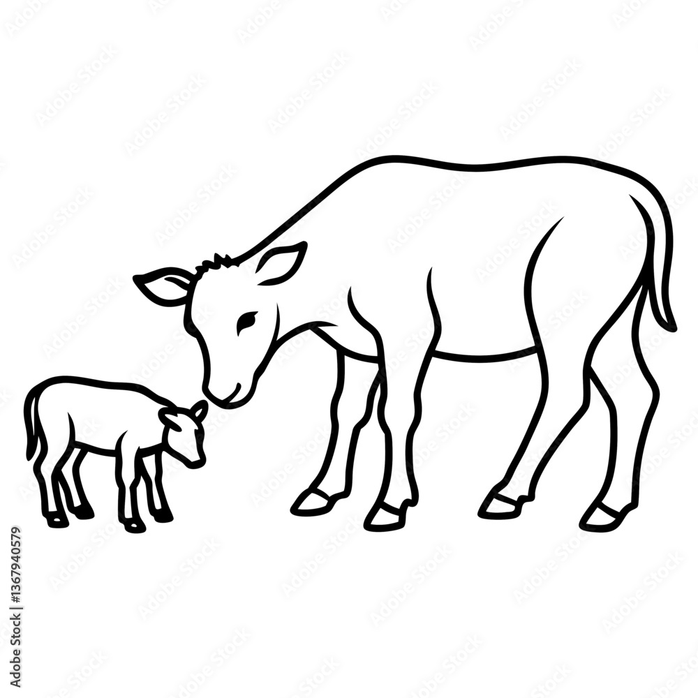 Line art vector silhouette of a cow and a small cow grazing in a field Line art vector silhouette of a cow and a small cow grazing in a field