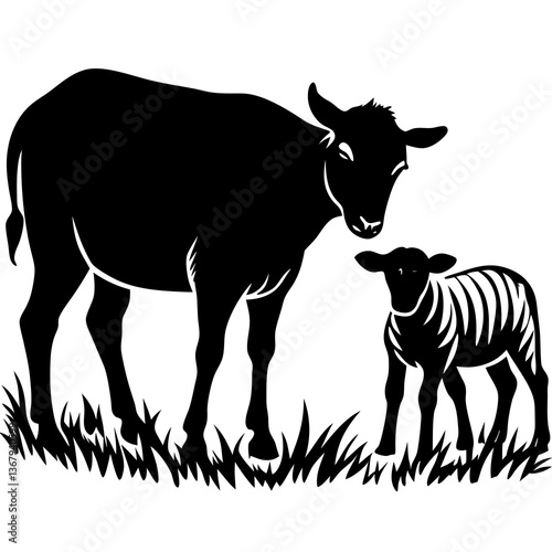Line art vector silhouette of a cow and a small cow grazing in a field