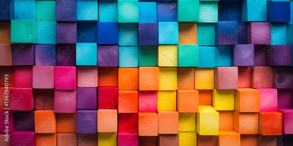 Colorful background made of wooden cubes in rainbow colors. Background with wooden blocks for design, banner, or poster. Colorful wooden cube pattern. Wide format. bokeh background Colorful background made of wooden cubes in rainbow colors. Background with wooden blocks for design, banner, or poster. Colorful wooden cube pattern. Wide format. bokeh background