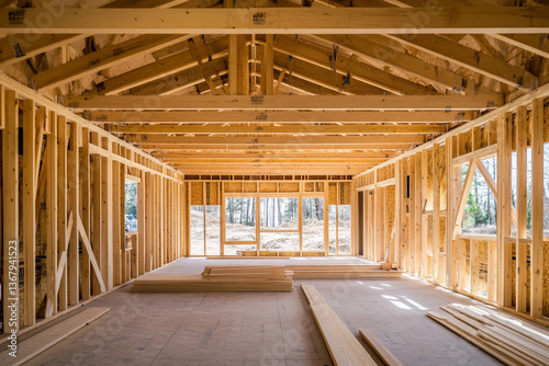 Interior view of wooden house under construction in progress Generative AI