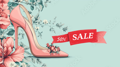Elegant pink high heel shoe with floral accents and 50% sale banner for fashion promotion
