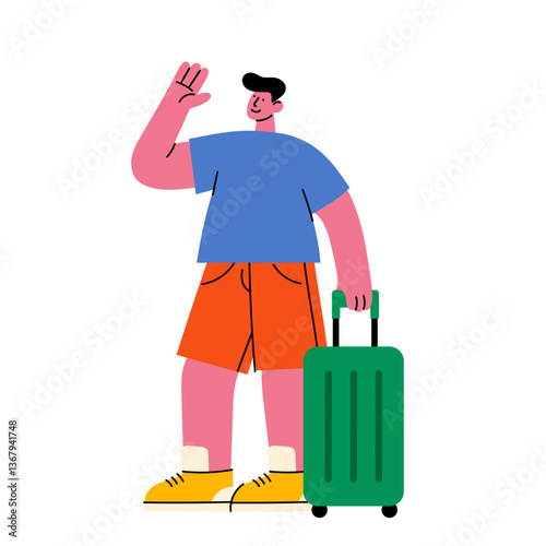 Happy traveler with suitcase waving hand. Flat vector illustration of a tourist in casual summer outfit, ready for vacation or trip. Perfect for travel, tourism, holiday, and adventure concepts.