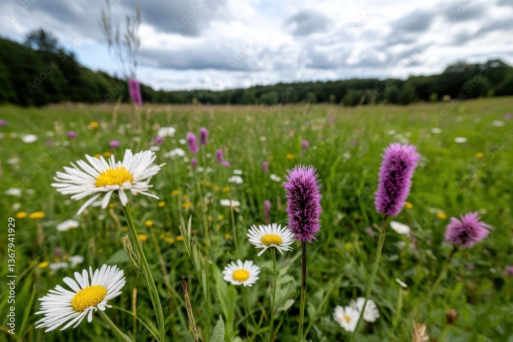 Obraz premium An expansive field filled with vibrant wildflowers swaying gently in the breeze, showcasing nature's beauty and the tranquility of a sunny day outdoors.