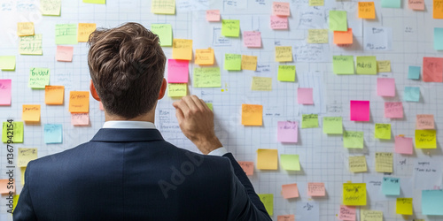 Obraz na płótnie Executive man reviews project plans with sticky notes Generative AI w salonie