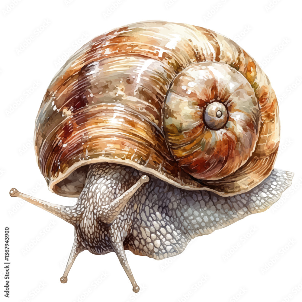 A watercolor of a snail, isolated on a white background. Snail vector.

