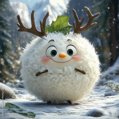 Adorable Fluffy Snowman with Reindeer Antlers in a Snowy Winter Wonderland
