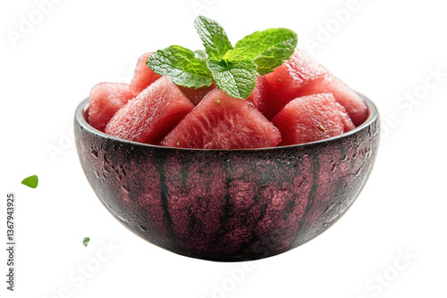 Juicy watermelon cubes, a refreshing summer treat in a dark bowl, garnished with fresh mint leaves, creating a vibrant and cool image.
