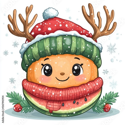 Cute Cartoon Cantaloupe and Watermelon Christmas Character Wearing a Winter Hat and Antlers