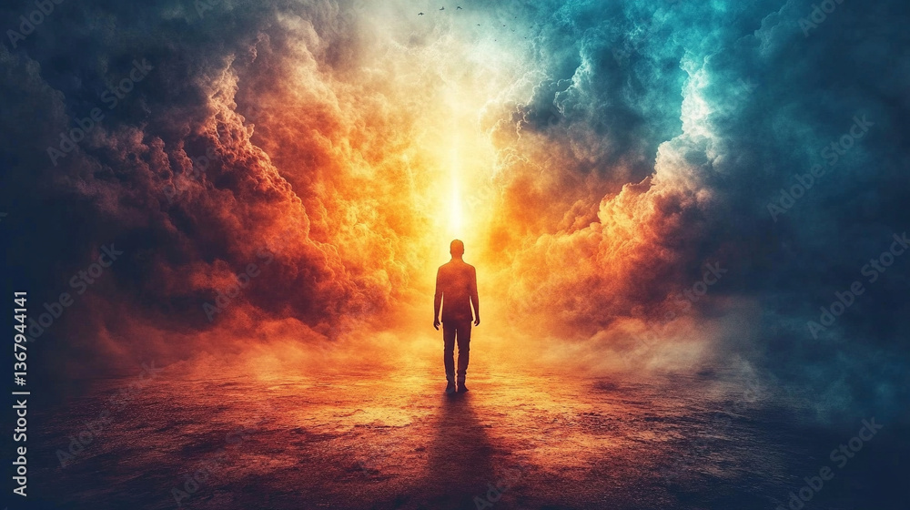 A man stands in the middle of a vast desert, facing the heavens with a bright light piercing through a dark sky, symbolizing hope, solitude, and the search for meaning A man stands in the middle of a vast desert, facing the heavens with a bright light piercing through a dark sky, symbolizing hope, solitude, and the search for meaning