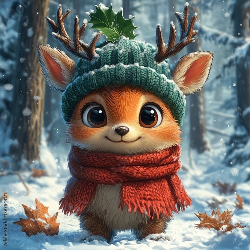 Adorable Winter Fawn in Knitted Hat and Scarf