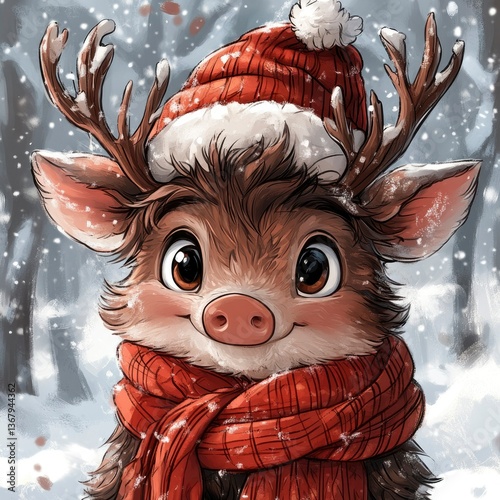 Adorable Reindeer in Winter Wonderland Wearing Knitted Hat and Scarf