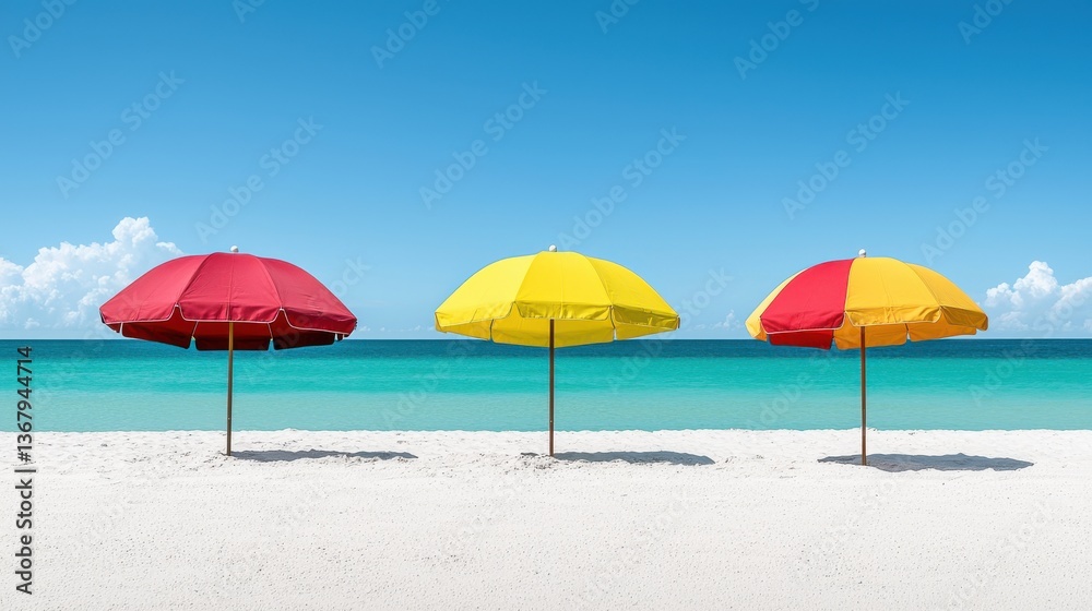 Three vibrant beach umbrellas in red yellow and red yellow color combinations stand on a pristine white sand beach next to a turquoise ocean under a bright sunny sky providing Three vibrant beach umbrellas in red yellow and red yellow color combinations stand on a pristine white sand beach next to a turquoise ocean under a bright sunny sky providing