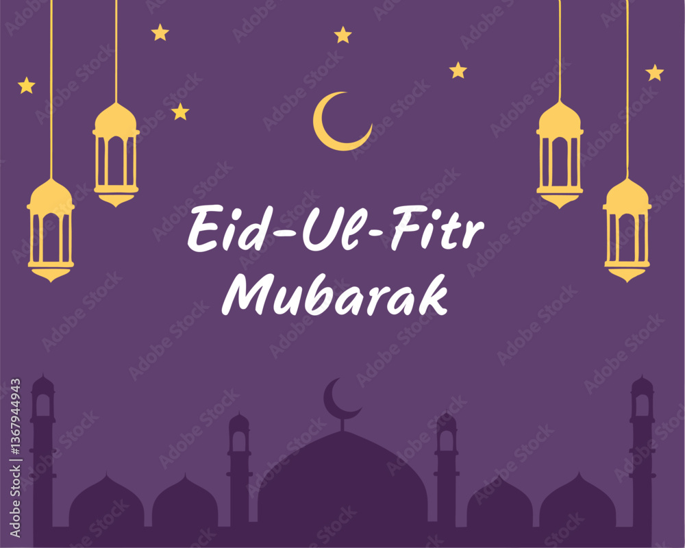Festive Eid-Ul-Fitr Mubarak Design with Mosque Silhouette, Moon, and Lanterns. Festive Eid-Ul-Fitr Mubarak Design with Mosque Silhouette, Moon, and Lanterns.