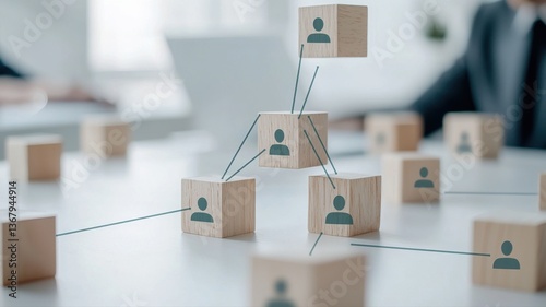 Wooden blocks with connected icons representing networking and teamwork on a white desk.
