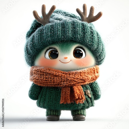 Adorable 3D Render of a Cute Reindeer-Antlered Creature in a Winter Knit Outfit