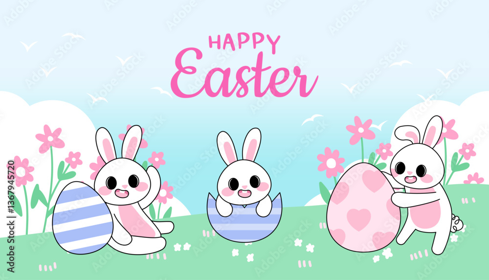 Cute Easter Bunny Banner Pastel Spring Rabbit and Egg Landscape Poster for Holiday.