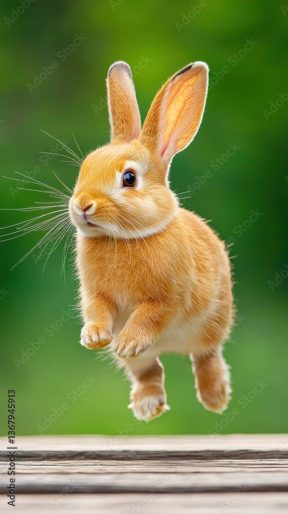 Fototapeta premium A playful orange bunny rabbit joyfully leaps across a sunny wooden path in a vibrant green field on a cheerful sp day showcasing its adorable fluffy fur and long ears.