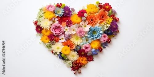 Colorful heart made of various flowers on a white background, a colorful rainbow design concept. bokeh background