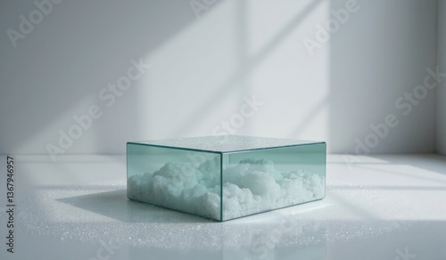 "Elegant Glass Pedestal Enveloped in Sparkling Glitter Clouds for Product Placement"