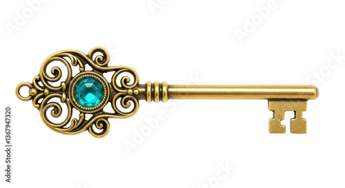 Isolated Ornate Gold Key with Turquoise Gem