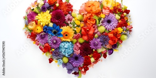 Colorful heart made of various flowers on a white background, in a vibrant rainbow of colors. bokeh background