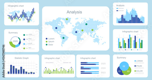 Infographic elements. Modern presentation with infographics, dashboard. Use in presentation templates, mobile app and corporate report. Vector illustration.