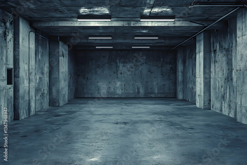 A dimly lit, empty concrete garage with gray walls creates an industrial, futuristic atmosphere, perfect for high-tech product displays.