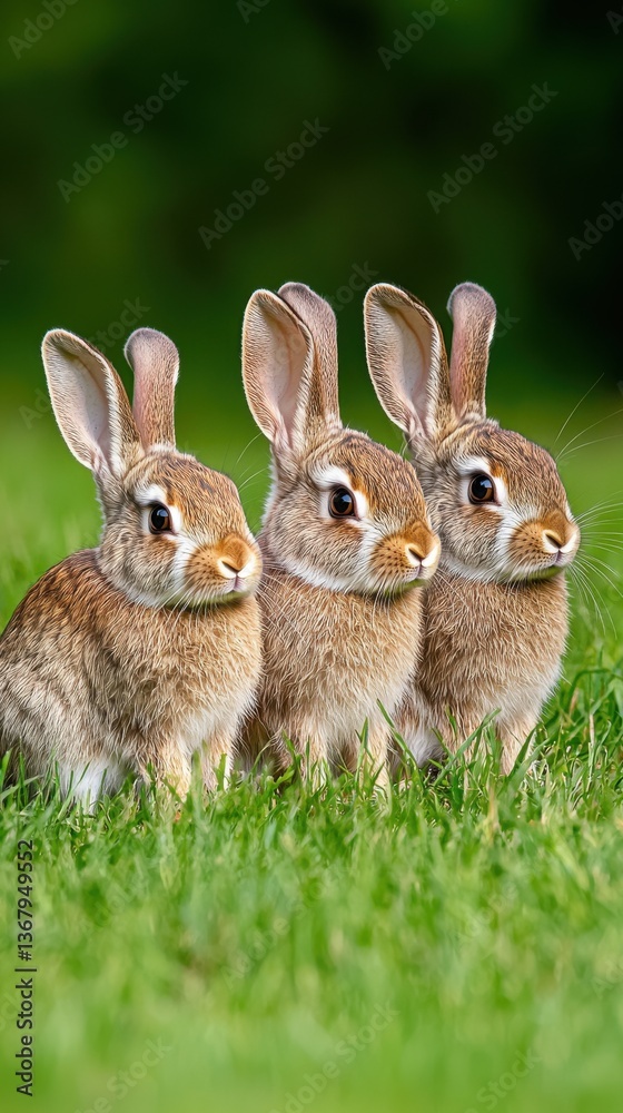 Obraz premium Three adorable brown bunnies sit peacefully together in a lush green meadow, enjoying the sptime sunshine; a heartwarming image of wildlife harmony and natural beauty.