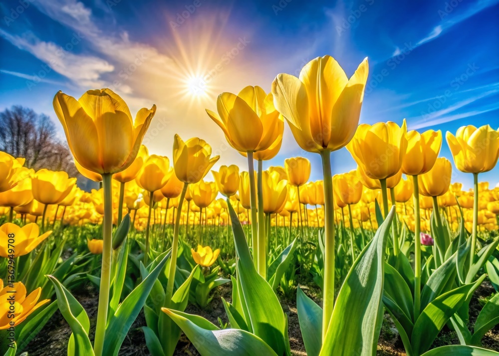 Obraz premium Panoramic View of Vibrant Yellow Tulip Garden in Springtime Bloom