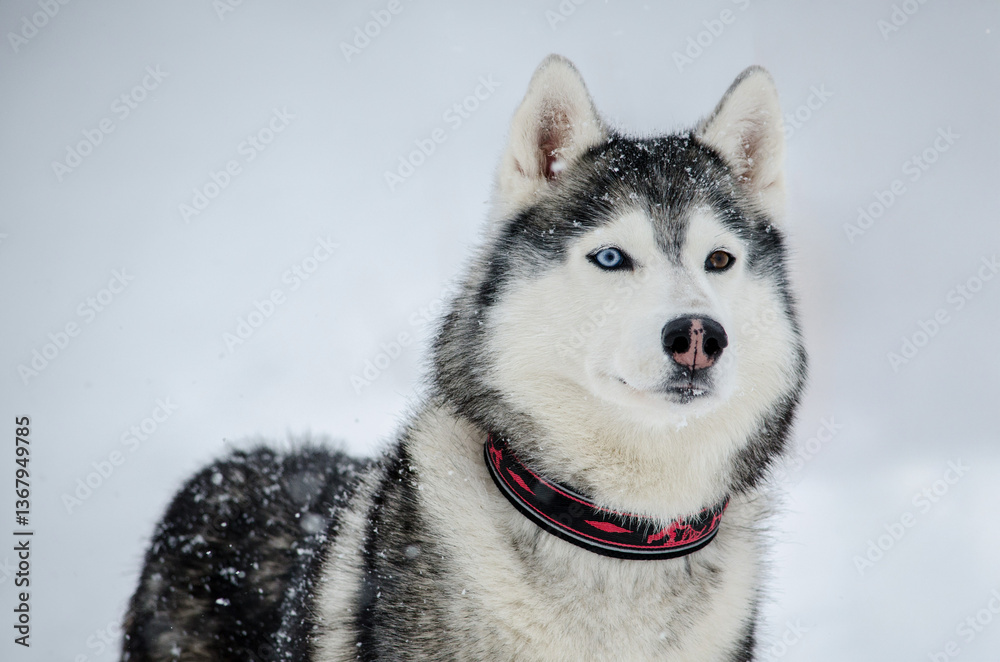 Naklejka premium Close-up of siberian husky with heterochromia, set against snowy backdrop. Grey and white fur contrasts with vibrant eye colors. Falling snowflakes add winter charm