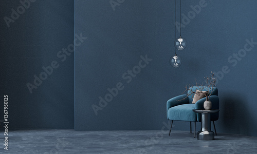 Fototapeta Naklejka Na Ścianę i Meble -  Concept modern Room with stylish armchair. Bright room interior mockup in blue trendy color. Empty room for mockup. 3d rendering