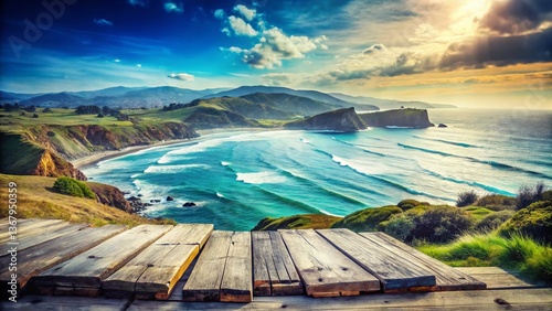 Panoramic Vintage Blue Coastal Landscape - Retro Ocean View