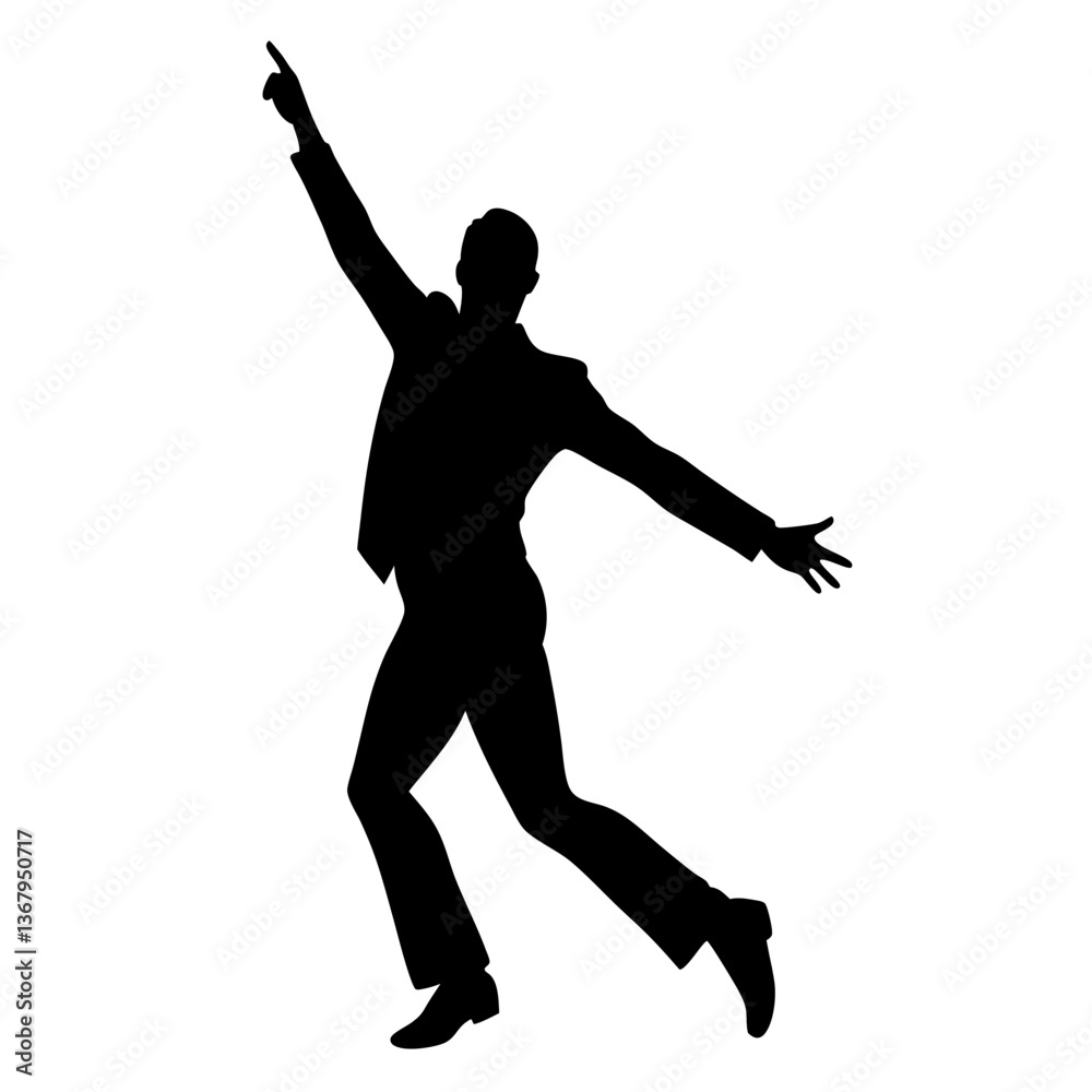 Silhouette of a young man jumping in a dynamic dance pose, illustrating action and movement with a sense of energy and fitness Silhouette of a young man jumping in a dynamic dance pose, illustrating action and movement with a sense of energy and fitness