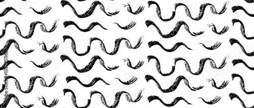 Abstract seamless pattern with simple textured black on white brushstroke waves. Artistic monochrome wavy curve paintbrush marine texture for water textile, nature surface design