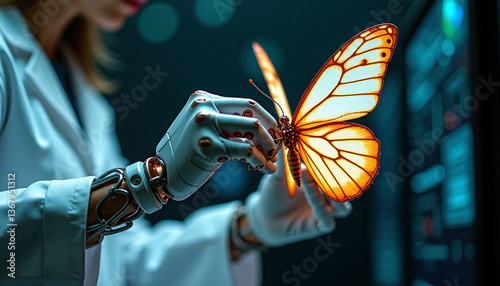 Robot hand gently holds a vibrant butterfly in a scientific laboratory setting, showcasing technology and natures beauty