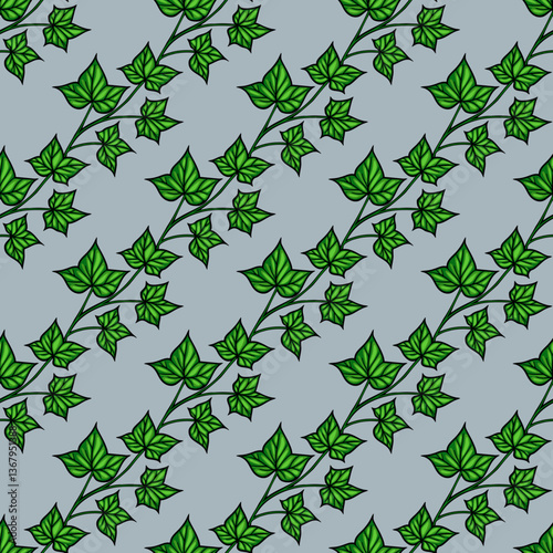 A vector seamless pattern featuring green ivy leaves on a lightblue background. The design showcases various sizes and orientations of the leaves, creating a natural and organic feel.