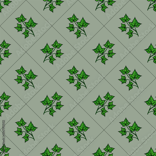 A vector seamless pattern featuring green ivy leaves on a muted green background. The design is repetitive, showcasing various arrangements of the leaves.