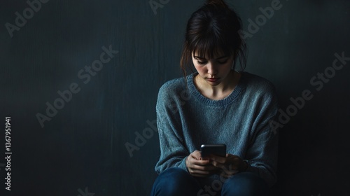Woman absorbed in her phone, displaying a somber and solitary mood.