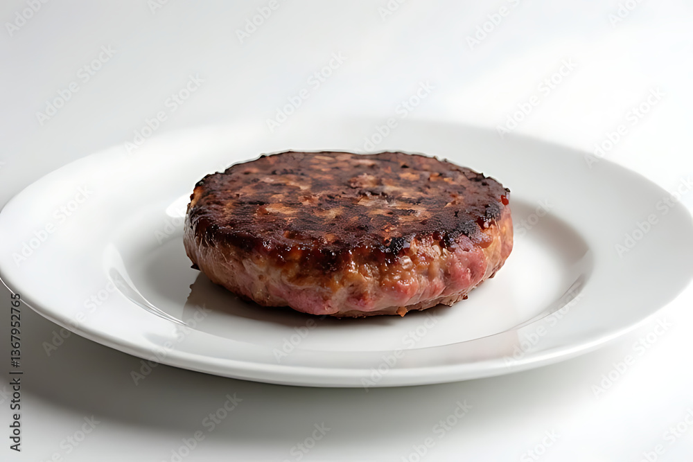 A perfectly grilled beef patty on a minimalist white plate, with a clean background and soft lighting