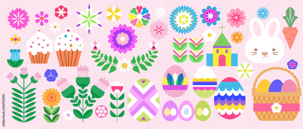 Happy Easter holiday abstract icons set with icons rabbit, easter egg , spring flowe Happy Easter holiday abstract icons set with icons rabbit, easter egg , spring flowe