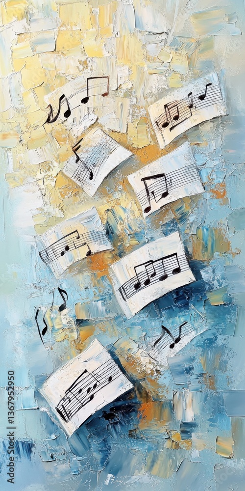 Fototapeta premium Melody in Motion: A painterly scene with musical notes dancing on an abstract textured canvas. Musical notation floats mid-air against a backdrop of a painterly backdrop.