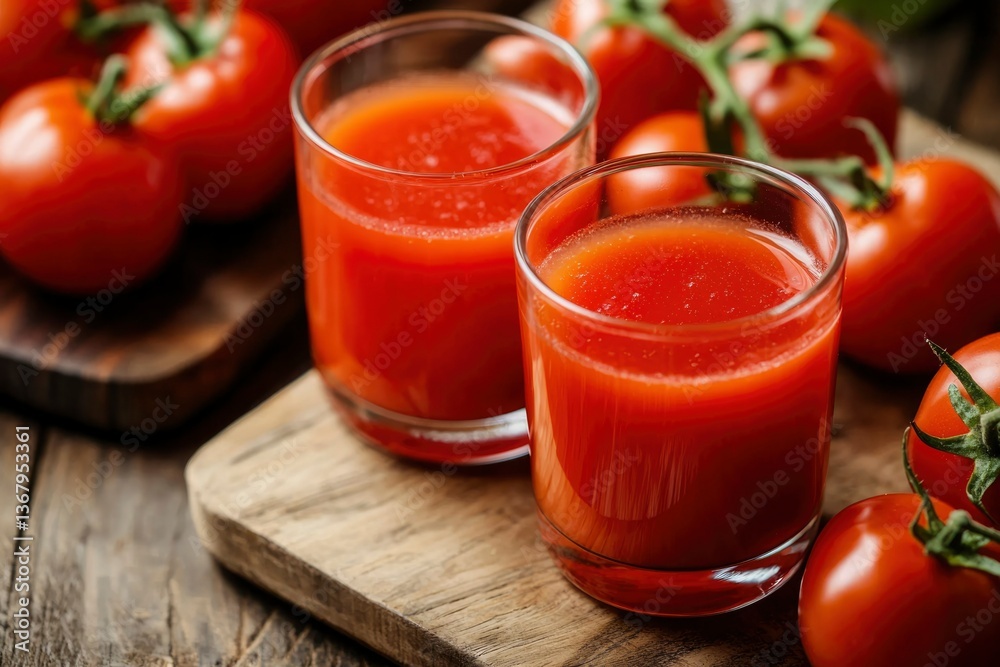 Two glasses of red tomato juice on a wooden board, surrounded by whole tomatoes Two glasses of red tomato juice on a wooden board, surrounded by whole tomatoes