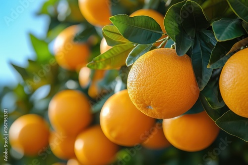 Close-up of ripe oranges hanging on green tree branches  
