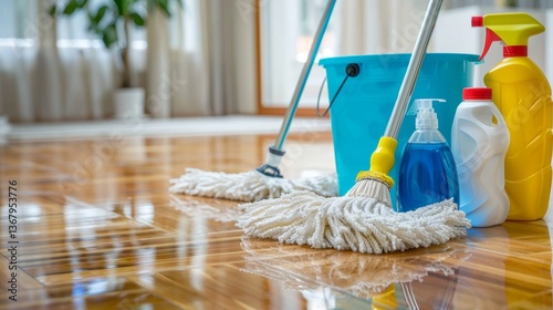 Mops, cleaning solutions, and a bucket positioned on polished wooden floors, ready for a thorough cleaning session