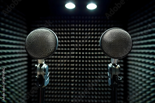 A podcast studio features two microphones against a dark backdrop, perfect for media conversations.