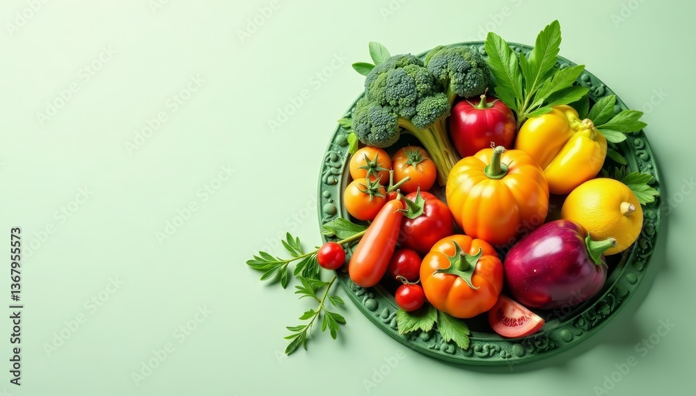 A collection of vibrant fruits and vegetables overflowing onto a green textured circular stamp, immune system boost, superfood diet, detox A collection of vibrant fruits and vegetables overflowing onto a green textured circular stamp, immune system boost, superfood diet, detox