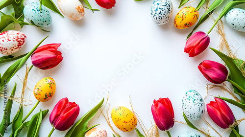 Easter. Floral Easter frame with tulips and painted eggs on the white background. Top view. 