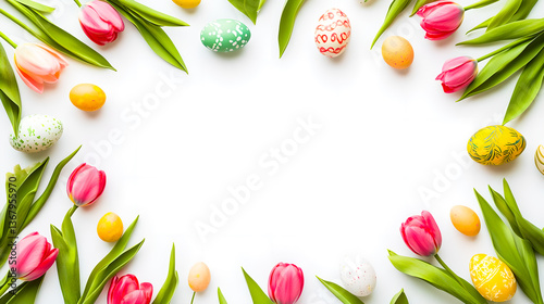 Easter. Floral Easter frame with tulips and painted eggs on the white background. Top view. 