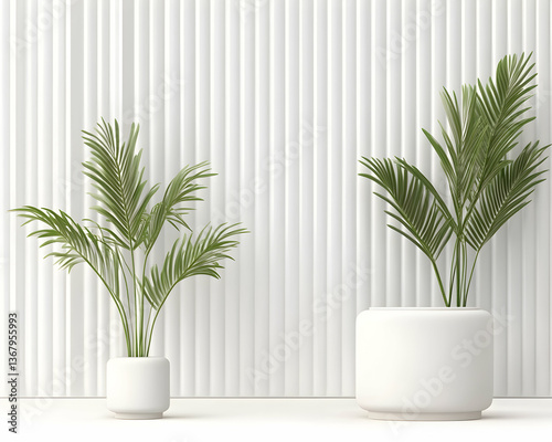 Fototapeta Naklejka Na Ścianę i Meble -  Minimalist interior with two potted plants against a white ribbed wall